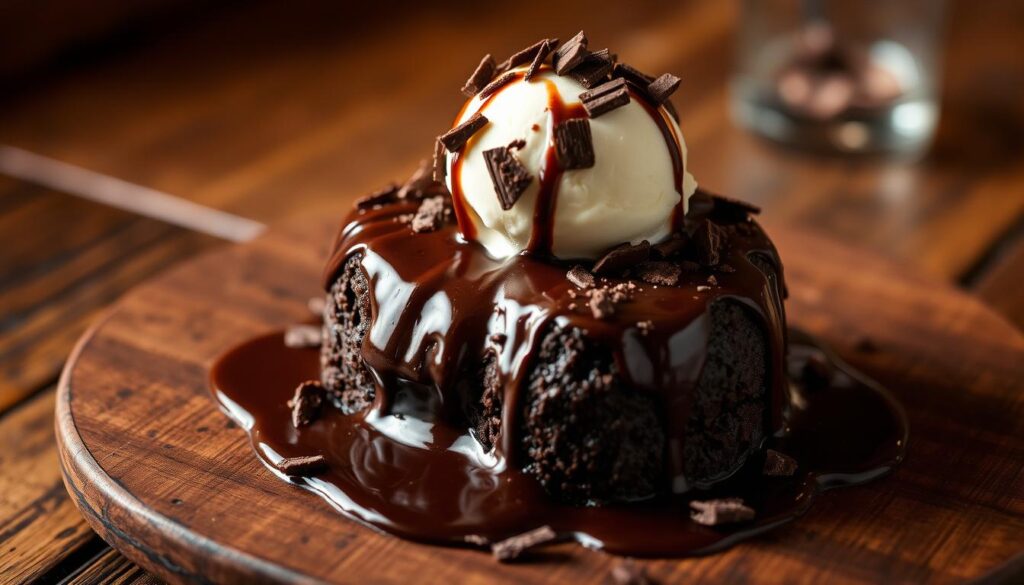 A decadent and indulgent Applebee's Triple Chocolate Meltdown Dessert presented on a rustic wooden table. The warm, oozing chocolate cake is topped with a scoop of creamy vanilla ice cream, drizzled with rich chocolate sauce, and sprinkled with shaved dark chocolate shards. Soft lighting casts a warm glow, highlighting the glossy, molten texture of the dessert. The image evokes a cozy, intimate atmosphere, inviting the viewer to savor the luxurious, chocolatey experience.