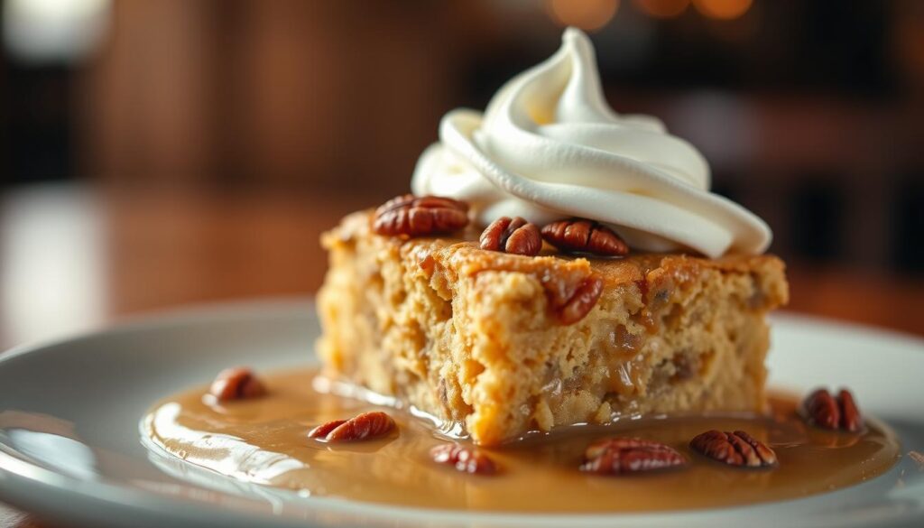 A delectable Applebee's Butter Pecan Blondie Dessert, captured in a warm, inviting close-up. The blondie, with its golden-brown crust and gooey, caramelized interior, sits atop a pool of rich, buttery sauce. Toasted pecans are scattered generously, adding a delightful crunch. Soft, pillowy whipped cream crowns the dessert, complementing the nutty sweetness. The lighting is soft and warm, creating a cozy, intimate atmosphere, drawing the viewer's attention to the decadent treat. A shallow depth of field blurs the background, keeping the focus on the star of the scene - the Applebee's Butter Pecan Blondie Dessert.