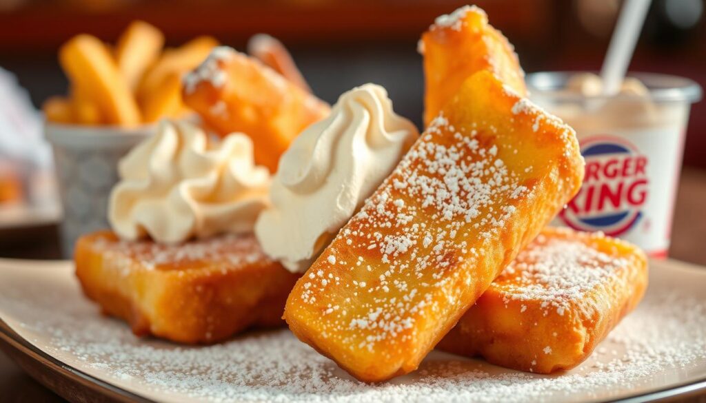 A delectable Burger King dessert combo featuring golden-brown French toast sticks, dusted with powdered sugar and served alongside a rich, creamy vanilla ice cream scoop. The scene is captured in warm, natural lighting, highlighting the soft, fluffy texture of the toast and the inviting sheen of the ice cream. The composition places the dessert items front and center, framed by a blurred background that suggests a cozy, casual dining setting. The overall mood is one of indulgence and comfort, perfect for a satisfying breakfast or an any-time treat.