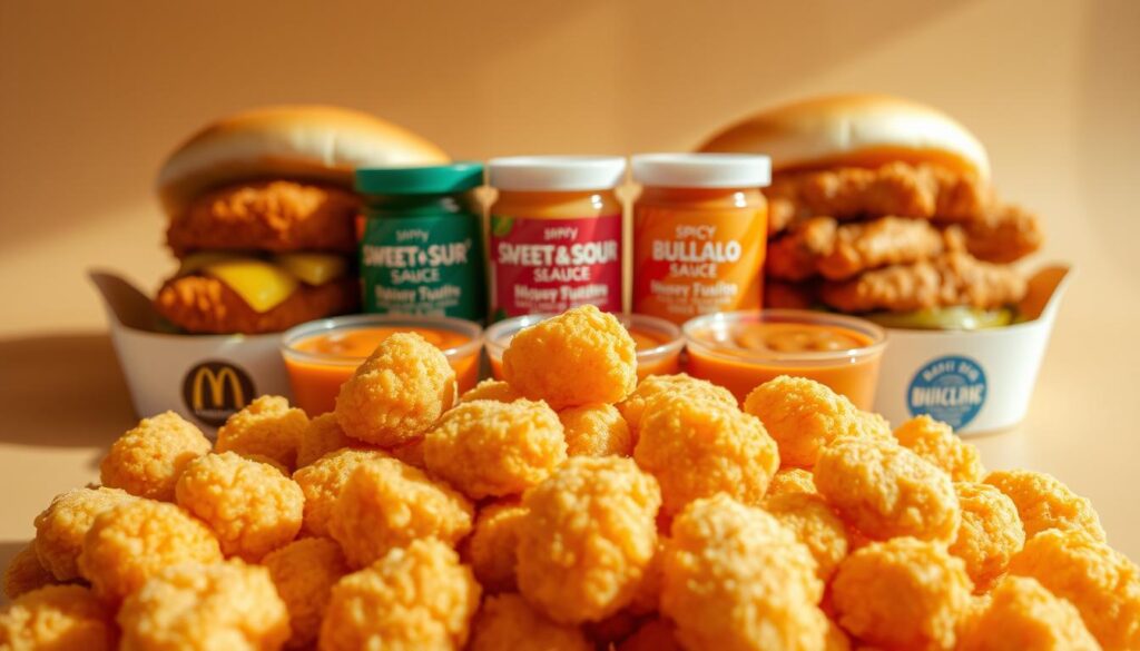 A delectable arrangement of McDonald's Chicken McNuggets and Sandwiches, captured under warm, natural lighting. In the foreground, a generous pile of perfectly golden, crispy McNuggets, their surface glistening with a light seasoning. Behind them, two mouthwatering chicken sandwiches - one classic with a juicy, breaded chicken patty and tangy pickles, the other a spicy variant with a fiery, breaded chicken fillet. The middle ground showcases a vibrant assortment of dipping sauces, from the iconic Sweet & Sour to the bold and zesty Spicy Buffalo. The background features a clean, minimalist setting, allowing the delectable food to take center stage. The overall composition exudes a sense of appetizing simplicity, capturing the essence of McDonald's Chicken offerings.
