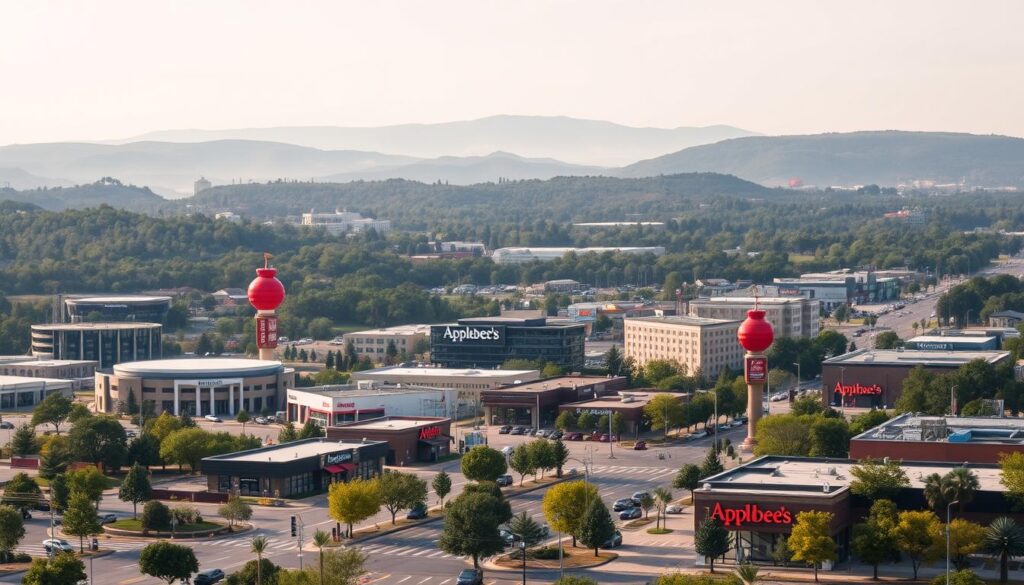 A detailed, high-resolution landscape showing the locations of several Applebee's restaurants in Greensboro, North Carolina. The foreground depicts the bustling streets and cityscapes of the city, with various Applebee's establishments highlighted with clear signage and branding. The middle ground features a mixture of modern commercial buildings, shopping centers, and residential areas, creating a vibrant and diverse urban setting. The background showcases the rolling hills and lush greenery that characterize the Piedmont region, providing a scenic backdrop to the Applebee's locations. The lighting is natural and warm, with a slightly hazy atmosphere that adds to the sense of place. The overall composition conveys the accessibility and prominence of Applebee's within the Greensboro community.
