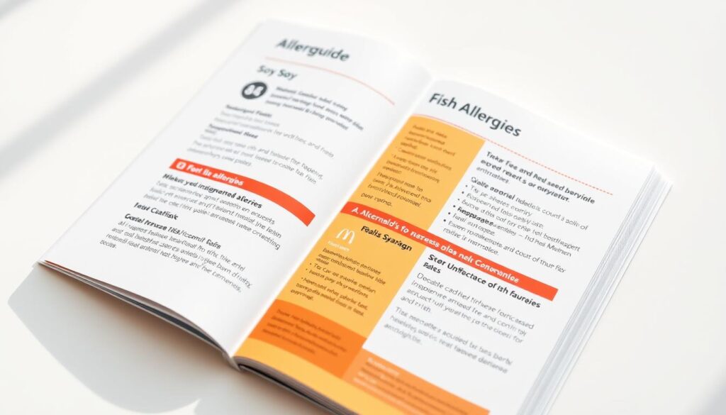 A detailed image of a McDonald's allergen guide highlighting soy and fish allergies. The guide is presented on a clean, white background, with a soft, natural lighting illuminating the pages. The guide features a neat and organized layout, with clear icons and text describing the allergen information. The pages have a glossy, high-quality finish, conveying a sense of professionalism and authority. The composition emphasizes the guide's key details, allowing the viewer to easily understand the relevant allergy information. The overall mood is one of clarity, helpfulness, and attention to detail, reflecting the importance of providing accurate and accessible allergen guidance.