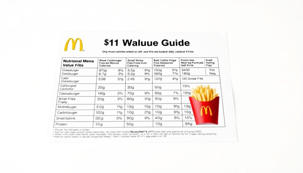 A detailed, well-lit photograph of a McDonald's-branded nutritional guide for their $1 value menu items, presented on a clean, uncluttered white background. The guide is laid out in a grid format, showcasing the calorie, fat, carbohydrate, and protein content of popular value menu choices like the cheeseburger, small fries, and small soft drink. The image has a crisp, professional look, with the McDonald's logo prominently displayed at the top. The lighting is even and highlights the clear, legible presentation of the nutritional information, creating an authoritative, informative tone.