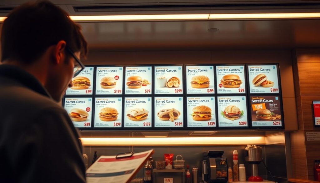 A fast-food restaurant counter with a sleek, modern design. On the menu board, carefully curated "secret" items are displayed, each with a price tag highlighting their budget-friendly nature. The lighting is warm and inviting, creating a cozy atmosphere. In the foreground, a customer examines the menu, contemplating their order. The overall scene conveys a sense of discovery and accessibility, encouraging the viewer to explore the hidden gems of the McDonald's secret menu.