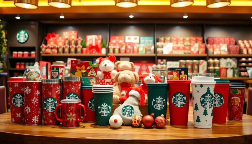 A festive collection of Starbucks holiday merchandise displayed on a cozy wooden table, lit by warm golden overhead lighting. In the foreground, a variety of seasonal tumblers, mugs, and reusable cups in vibrant red, green, and gold tones, adorned with snowflakes, holly, and holiday-themed graphics. The middle ground features a selection of plush holiday-themed stuffed animals and ornaments, while the background showcases a neatly arranged display of holiday-themed gift cards, treat tins, and other specialty items. The overall scene evokes a sense of holiday cheer and the anticipation of Starbucks' seasonal offerings.