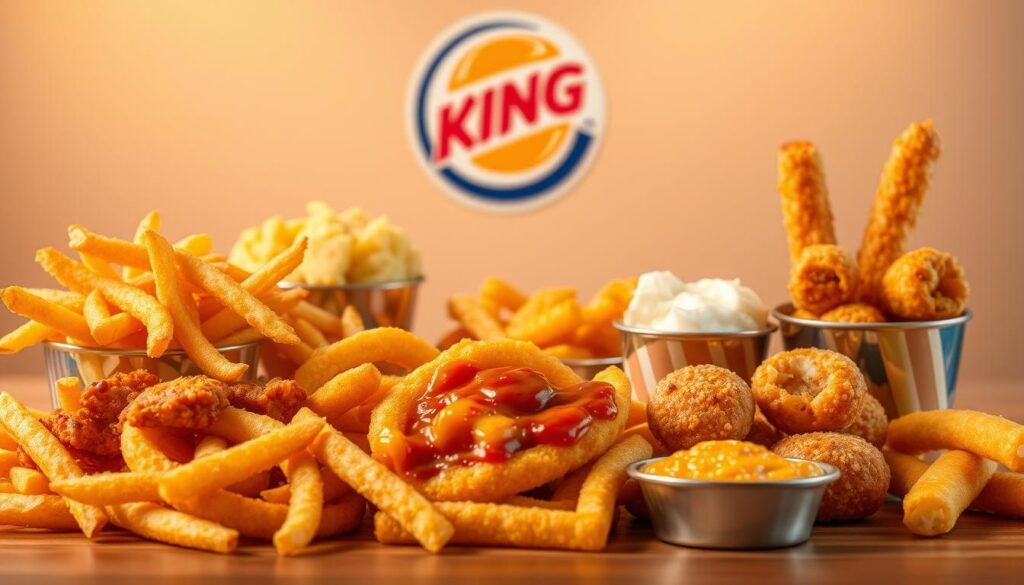 A gourmet display of Burger King's tempting side items, set against a soft, inviting backdrop. In the foreground, a luscious array of crispy french fries, fluffy onion rings, and creamy mashed potatoes, all arranged with artful precision. The middle ground features irresistible chili cheese bites and golden-brown mozzarella sticks, their melted interiors begging to be savored. In the background, a subtle hint of the Burger King logo, suggesting the high-quality, craveable nature of these accompaniments. Warm, golden lighting casts a comforting glow, evoking the welcoming atmosphere of the restaurant. The overall composition is visually appealing, enticing the viewer to indulge in these delectable Burger King side items.