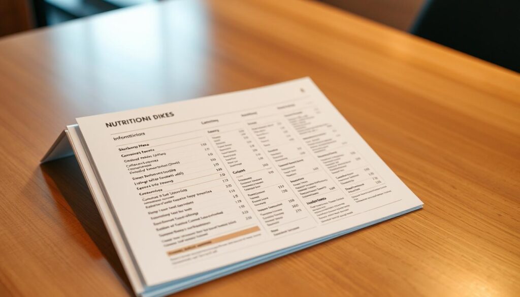 A high-quality, detailed Starbucks Nutrition Information Guide, displayed on a clean, well-lit wooden table. The guide features a sleek, minimalist design with clear, legible typography showcasing nutritional data for Starbucks' diverse menu offerings. The layout is organized and easy to navigate, with sections delineated by subtle dividers. Soft, diffused lighting illuminates the guide, creating a warm, inviting atmosphere. The overall composition conveys a sense of professionalism and clarity, making the nutrition information accessible and informative.