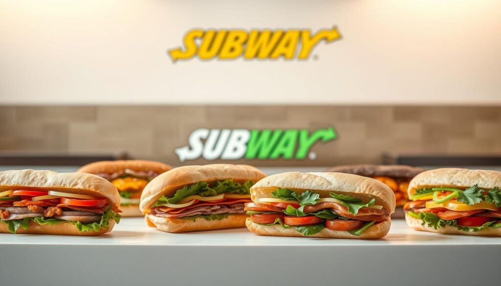 A high-quality, detailed image of "Subway Featured Sandwich Specials" in a well-lit, professional studio setting. In the foreground, a lineup of freshly prepared Subway sandwich varieties, featuring various meats, vegetables, and condiments artfully arranged on a clean, seamless white surface. In the middle ground, a Subway logo or branding elements subtly incorporated, creating a sense of brand identity. The background is softly blurred, maintaining focus on the delectable sandwich offerings. The lighting is warm and natural, accentuating the vibrant colors and textures of the ingredients. The overall composition conveys a sense of appetite appeal, quality, and the enticing nature of Subway's featured sandwich specials.