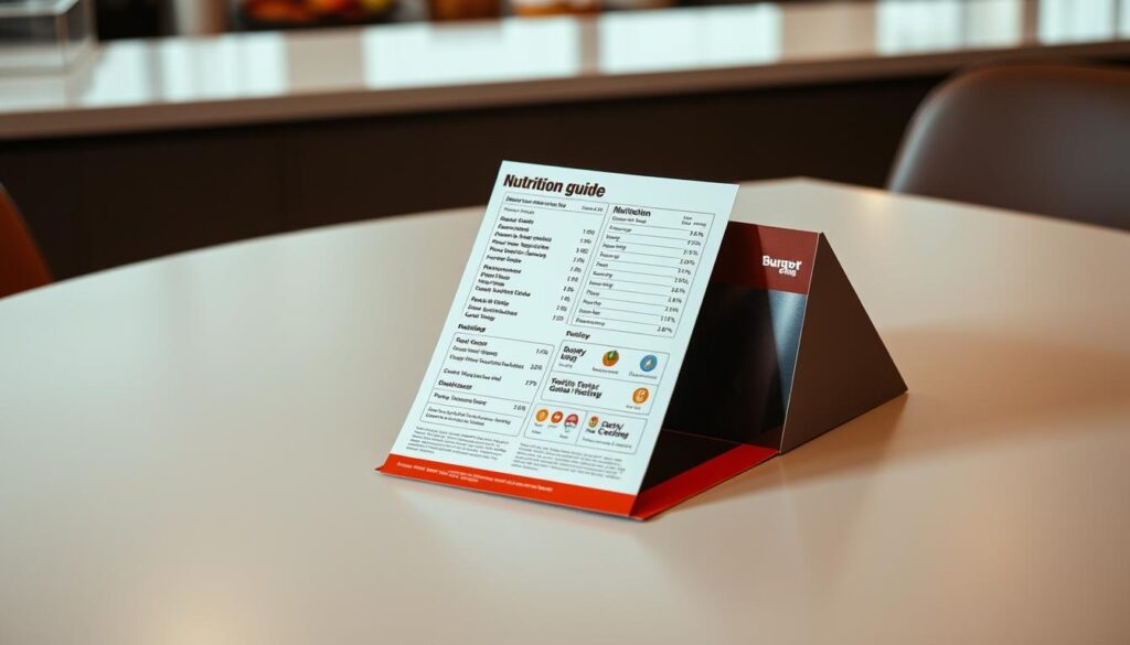 A high-quality, detailed image of a Burger King nutrition guide, presented on a sleek, modern table surface. The guide features crisp, legible typography and clear, informative graphics showcasing the nutritional information and dietary options available at Burger King. The lighting is soft and diffused, creating a warm, inviting atmosphere. The image is captured from a slightly elevated angle, giving it a professional, editorial feel. The composition is balanced and visually appealing, with the nutrition guide as the central focus, surrounded by a minimal, uncluttered background that allows the information to shine.