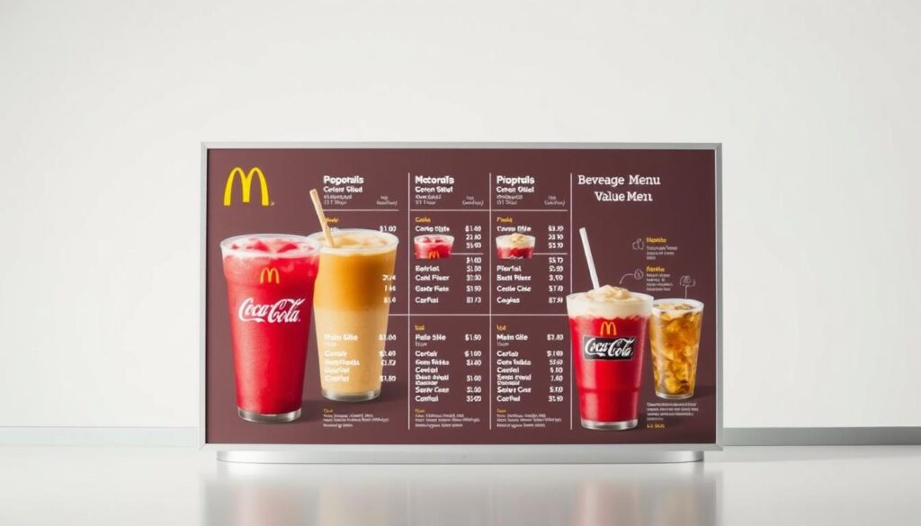 A high-quality, detailed image of a McDonald's beverage menu display, showcasing the various drink options available on their value menu. The menu should be presented in a clean, well-lit setting, with a crisp, modern aesthetic. The background should be a soft, neutral color that complements the McDonald's branding, allowing the menu items to be the focal point. The menu should feature a clear and organized layout, highlighting the different drink sizes and prices, creating a visually appealing and informative representation of the "Signature Beverages on the Value Menu" section. The overall composition should convey a sense of quality and professionalism, reflecting the information presented in the article.