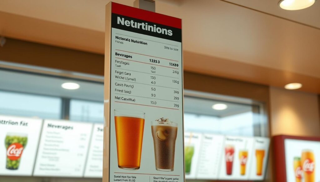 A high-resolution, detailed, and realistic image of a McDonald's nutrition menu board showcasing the beverage options, their serving sizes, and their nutritional information. The menu is displayed in a clean, well-lit setting, with a soft, warm lighting that creates a pleasant, inviting atmosphere. The menu is positioned at eye level, allowing the viewer to easily read and comprehend the information. The background is slightly blurred, subtly drawing the viewer's attention to the menu itself. The overall composition is balanced and visually appealing, providing a clear and informative representation of the McDonald's beverage choices and their nutritional impact.