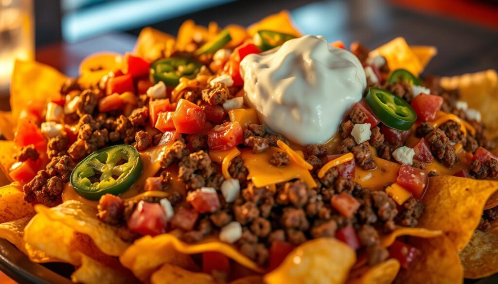 A large platter of Applebee's Neighborhood Nachos, featuring crisp tortilla chips piled high with melted cheddar and Monterey Jack cheeses, seasoned ground beef, diced tomatoes, sliced jalapeños, and a generous dollop of cool sour cream. The nachos are highlighted by warm, golden lighting casting a cozy glow, captured from a slightly elevated angle to showcase the abundant toppings. The background is blurred, allowing the decadent nachos to take center stage and tempt the viewer's appetite. This vibrant, Mexican-inspired starter invites diners to enjoy a flavorful and shareable beginning to their Applebee's dining experience.