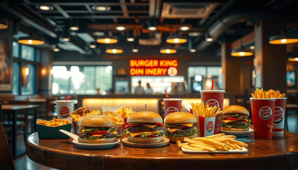 A lush, dimly lit restaurant interior with warm, golden lighting and a cozy atmosphere. In the foreground, a wooden table is set with an array of Burger King dinner deals - various burgers, fries, and drinks arranged in an enticing mix-and-match display. The middle ground features a clean, modern counter with Burger King branding, while the background showcases a slightly blurred, softly lit open kitchen, hinting at the freshly prepared food. The overall composition emphasizes the variety and flavor of the Burger King dinner options, inviting the viewer to customize their perfect meal.