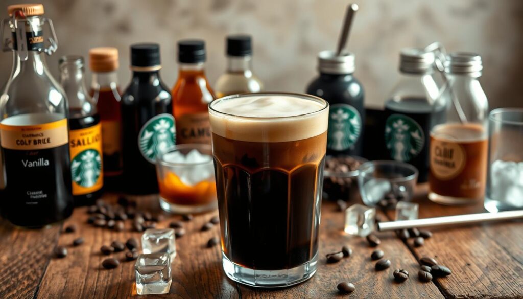 A meticulously crafted cold brew coffee with rich, dark hues sits atop a rustic wooden table, surrounded by various customization ingredients. In the foreground, a smooth, creamy layer of milk foam rests atop the brew, glistening under soft, natural lighting. Scattered around the coffee are artisanal glass bottles filled with syrups in a variety of flavors, from classic vanilla to bold caramel. The mid-ground features an assortment of ice cubes, freshly ground coffee beans, and a sleek metal straw, hinting at the customizable nature of this hidden Starbucks delight. The background is blurred, creating a cozy, intimate atmosphere, focusing the viewer's attention on the carefully crafted cold brew creation.