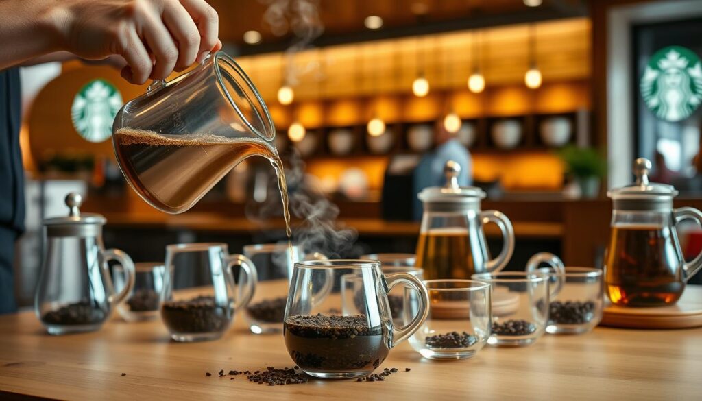 A meticulously crafted scene showcasing the art of tea brewing at Starbucks. In the foreground, a barista's hands carefully pour hot water over loose tea leaves, the steam gently rising. In the middle ground, an array of glass tea pots and cups, each displaying the unique preparation techniques for various tea varieties. The background features a warm, inviting Starbucks interior, with soft lighting illuminating the natural wood tones and creating a cozy, inviting atmosphere. The overall mood is one of attentive craftsmanship and the reverence for the art of tea making.