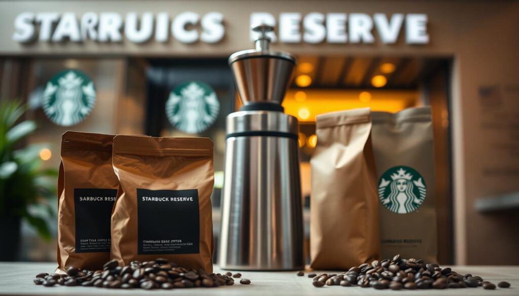 A meticulously crafted still life of a premium Starbucks Reserve coffee selection. In the foreground, a trio of whole-bean coffee bags in rich, earthy tones stand out against a lightly textured, neutral background. The middle ground features a sleek, modern Starbucks Reserve coffee grinder, its brushed metal surface reflecting the warm lighting above. In the background, a blurred but recognizable Starbucks Reserve store facade, hinting at the premium coffee experience. The overall scene is bathed in a soft, natural light, evoking a sense of quality, craftsmanship, and the art of premium coffee making.