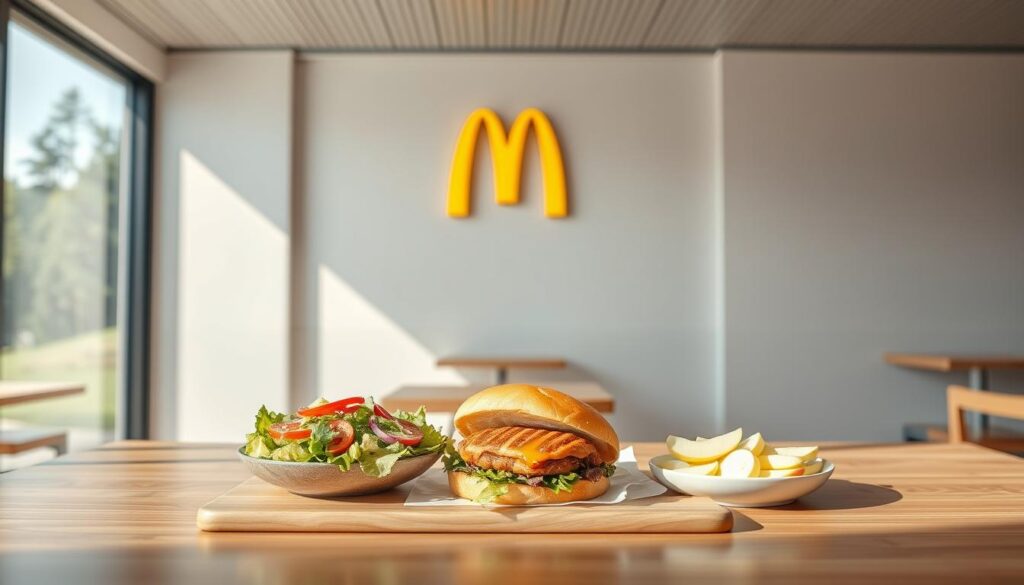 A minimalist fast-food restaurant interior with clean lines and natural lighting. The foreground features a selection of low-calorie menu items arranged artfully on a wooden table, including a salad, a grilled chicken sandwich, and a side of apple slices. The middle ground showcases the restaurant's branding with a simple, modern McDonald's logo. The background depicts a bright, airy space with large windows overlooking a lush, green outdoor setting. The overall atmosphere conveys a sense of health, wellness, and a departure from the typical fast-food experience.