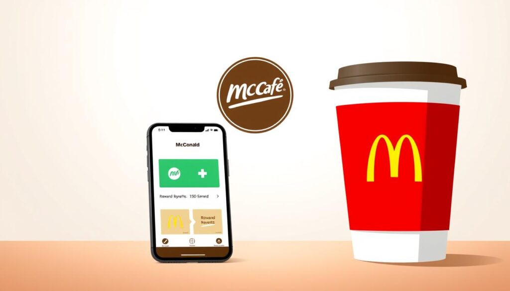 A modern, minimalist illustration of the McDonald's McCafé Rewards Program. In the foreground, a stylized McDonald's coffee cup and a smartphone displaying the McCafé app interface, showcasing the rewards system and loyalty benefits. The middle ground features a clean, white background with subtle geometric patterns, conveying a sense of simplicity and elegance. The background is softly lit, with a warm, inviting glow that complements the branding colors of the McCafé logo. The overall composition is balanced, drawing the viewer's attention to the key elements of the rewards program in a visually compelling manner.