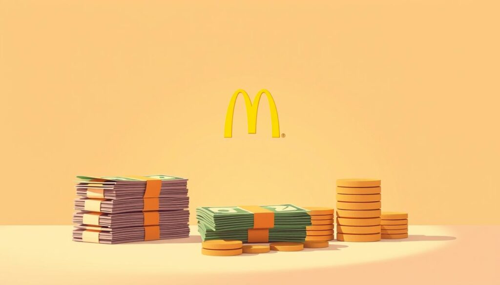 A modern, minimalist illustration showcasing the savings of McDonald's value menu. In the foreground, a stack of colorful dollar bills and coins, representing the affordable prices. In the middle ground, a clean and sleek McDonald's logo, subtly hinting at the menu. The background features a simple gradient, creating a sense of depth and focus on the central elements. The overall composition is balanced, with warm lighting and a slightly elevated camera angle to convey a sense of value and accessibility. The mood is one of simplicity, efficiency, and the satisfaction of getting the most for your money.
