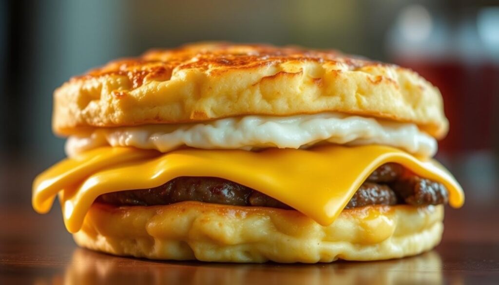A mouthwatering McGriddles breakfast sandwich, freshly prepared with a soft, fluffy griddle cake exterior and a savory combination of egg, sausage, and melted American cheese. The sandwich is captured in a warm, inviting light, highlighting the golden-brown hue of the griddle cakes and the glistening cheese. The composition places the sandwich in the center, with a shallow depth of field that softly blurs the background, drawing the viewer's attention to the delectable details. The overall mood evokes a sense of comforting indulgence, perfectly aligning with the section's focus on McDonald's innovative and delicious breakfast options.