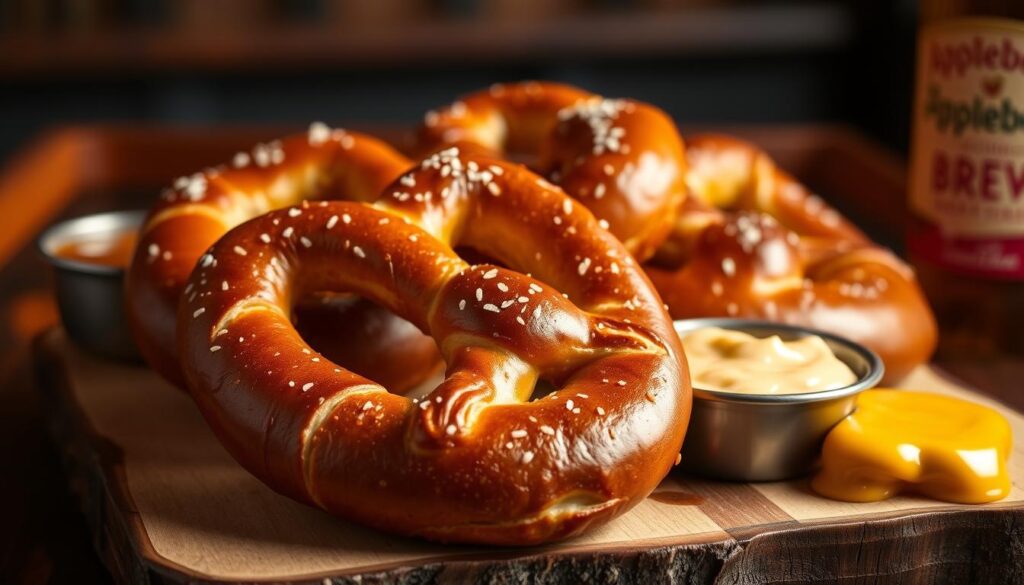 A mouthwatering close-up of freshly baked Applebee's Brew Pub Pretzels, glistening with a golden-brown crust and perfectly salted. The pretzels are arranged on a rustic wooden board, accompanied by a creamy cheese dipping sauce and a tantalizing side of honey mustard. The image is bathed in warm, inviting lighting, capturing the cozy atmosphere of an Applebee's brewpub. The pretzels are shot at a flattering angle, showcasing their soft, doughy interior and the delightful twist of the pretzel shape. The overall composition exudes a sense of indulgence and culinary delight, perfectly capturing the essence of this popular Applebee's appetizer.