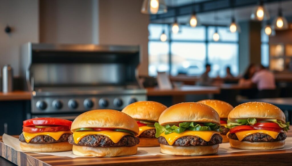 A mouthwatering display of Applebee's signature burgers, set against a softly lit, modern restaurant interior. In the foreground, a selection of juicy, hand-crafted patties, adorned with vibrant toppings and oozing with melted cheese. Behind them, a gleaming stainless steel grill and a minimalist, wood-accented counter, conveying a sense of culinary precision and attention to detail. In the background, the warm glow of pendant lights and the subtle hum of conversation, creating an inviting and relaxed atmosphere. The overall composition emphasizes the craftsmanship and flavor of these signature burgers, enticing the viewer to imagine the satisfying dining experience.