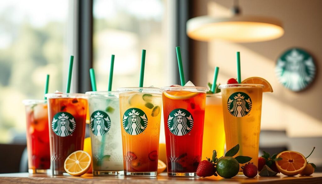 A neatly arranged display of Starbucks Refreshers and Iced Tea beverages against a soft, out-of-focus background. The colorful, visually appealing drinks fill the foreground, showcasing their vibrant hues and garnishes. Lighting is warm and natural, creating a cozy, inviting atmosphere. The middle ground features a blurred background of a Starbucks cafe interior, hinting at the familiar setting. The overall composition emphasizes the refreshing, summertime appeal of the beverage selection. A clean, minimalist aesthetic that highlights the products' visual appeal.