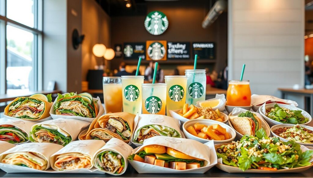 A neatly arranged display of Starbucks' cold lunch menu options, capturing the fresh, tasty, and visually appealing nature of the offerings. In the foreground, an array of artfully crafted sandwiches, wraps, and salads, showcasing a variety of colors, textures, and ingredients. In the middle ground, a selection of chilled beverages, including iced coffee, refreshing lemonades, and fruit-infused waters, complementing the meal choices. The background features a clean, modern Starbucks store interior, with warm lighting and a minimalist design, creating a welcoming and appetizing atmosphere. The overall composition conveys a sense of quality, convenience, and health-conscious dining options, reflecting the section title "Cold Lunch Options and Pockets."