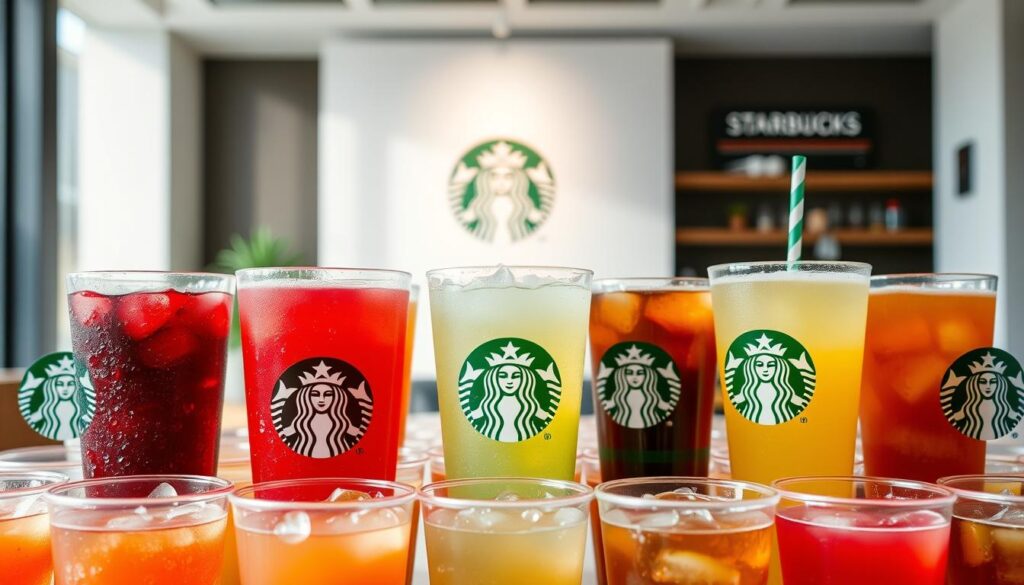 A neatly arranged display of Starbucks iced tea and refresher beverages, captured in a bright, airy setting with natural lighting. The foreground features an assortment of clear glass cups filled with vibrant, colorful liquids - from the deep crimson of the Strawberry Acai Refresher to the pale green of the Pineapple Passionfruit Refresher. Beads of condensation adorn the outside of the cups, hinting at the icy coldness within. In the middle ground, a crisp white backdrop showcases the Starbucks logo and product names, while the background subtly suggests a clean, modern cafe environment. The overall scene conveys a sense of refreshment, vibrancy, and the appeal of Starbucks' iced tea and refresher offerings.