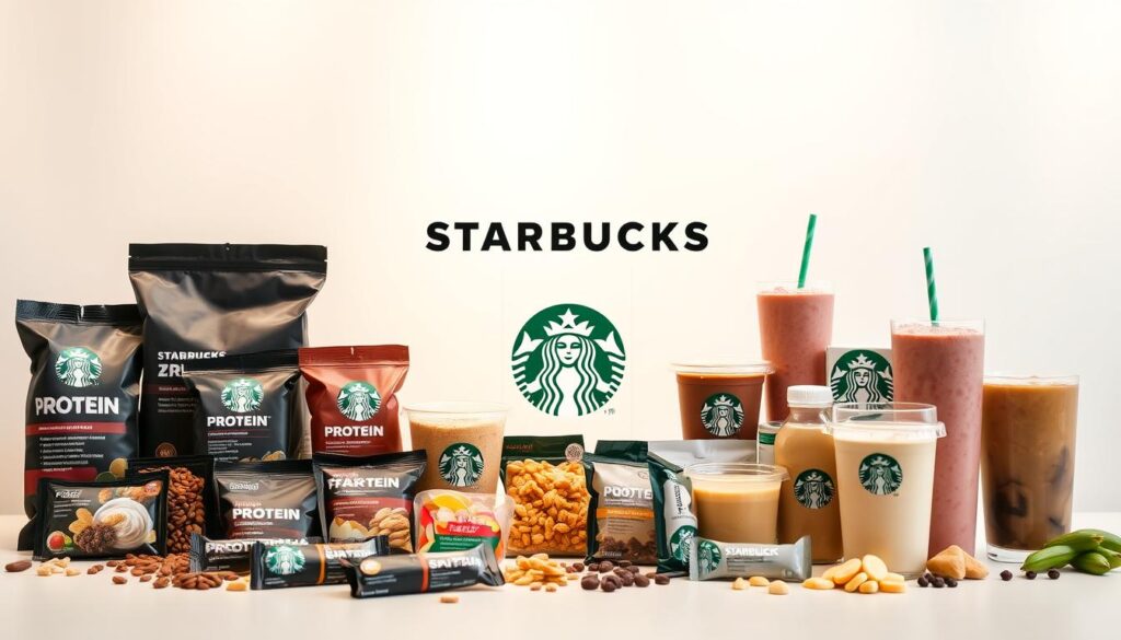 A neatly arranged display of Starbucks protein-rich menu items against a clean, bright background. In the foreground, an assortment of protein-packed snacks and drinks, including protein bars, protein-infused cold brew, and protein-blended smoothies. The middle ground showcases the Starbucks logo and signage, highlighting the brand's fitness-focused offerings. The background is a minimalist, white-washed setting, with subtle lighting casting a warm, inviting glow. The overall composition emphasizes the nutritious, energizing nature of the Starbucks protein options, catering to the needs of health-conscious customers.