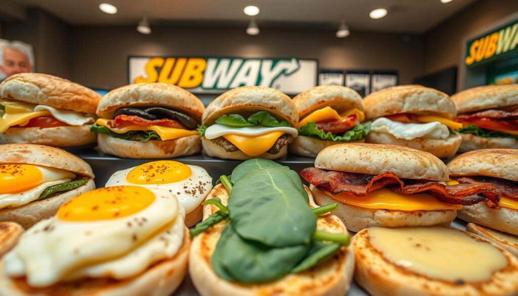A neatly arranged display of freshly baked Subway breakfast sandwiches, featuring a variety of tempting fillings. The foreground showcases an array of sizzling egg, cheese, and meat combinations, presented on perfectly toasted English muffins. The middle ground highlights the vibrant greens of fresh spinach and the rich, savory hues of crispy bacon. In the background, a clean, modern Subway restaurant setting with natural lighting creates a welcoming and appetizing atmosphere. The overall scene exudes a sense of convenience, quality, and the inviting aroma of a satisfying morning meal.