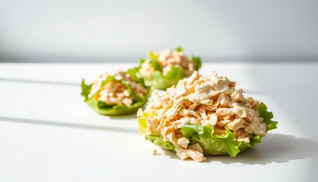 A neatly arranged grid of three Subway chicken salad portions, showcasing their varying sizes. The foreground features the largest portion, a generous serving with a mound of shredded chicken, crisp lettuce, and a creamy dressing. The middle ground displays the medium-sized portion, slightly smaller but still substantial. In the background, the smallest portion sits, highlighting the gradual decrease in quantity. Bright natural lighting illuminates the scene, casting subtle shadows and creating a clean, appetizing atmosphere. The camera angle is slightly elevated, providing a clear view of the portion sizes and their proportions. This composition effectively communicates the calorie breakdown and portion options available for Subway's chicken salad.