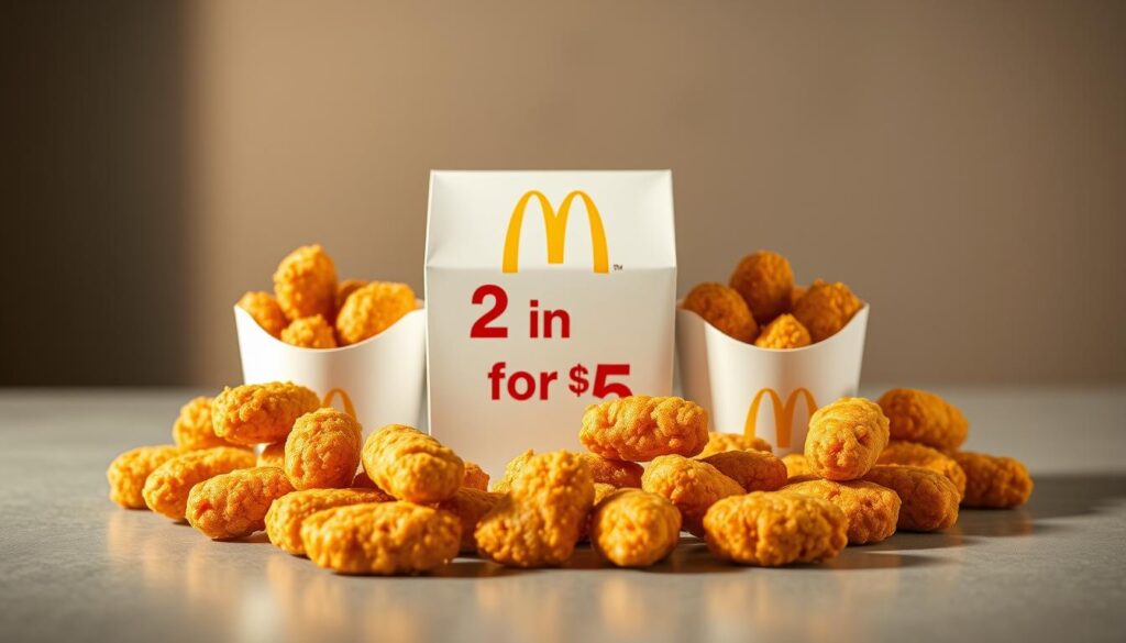 A perfectly arranged display of McDonald's Chicken McNuggets in a sleek, modern setting. The foreground features a stylized mix-and-match arrangement of the golden-brown nuggets, their crispy exteriors glistening under warm, directional lighting. The middle ground showcases the iconic McDonald's packaging, clean and minimalist, emphasizing the "2 for $5" deal. The background is a subtly blurred, neutral-toned surface, allowing the featured items to take center stage. The overall composition conveys a sense of high-quality, appetizing product presentation, suitable for showcasing this McDonald's menu special.
