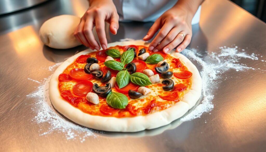 A pristine stainless steel kitchen counter, its surface gleaming under warm overhead lighting. On the counter, a freshly rolled out ball of dough, its edges lightly dusted with flour. Skilled hands carefully stretch and shape the dough, coaxing it into a perfect round crust. Vibrant tomato sauce is meticulously spread, its crimson hue contrasting with the pale dough. A variety of fresh toppings - crisp pepperoni, juicy mushrooms, and fragrant basil leaves - are carefully arranged, creating a visually enticing personal pizza. The scene exudes a sense of culinary precision and attention to detail, capturing the essence of Subway's commitment to crafting delicious, handmade pizzas.