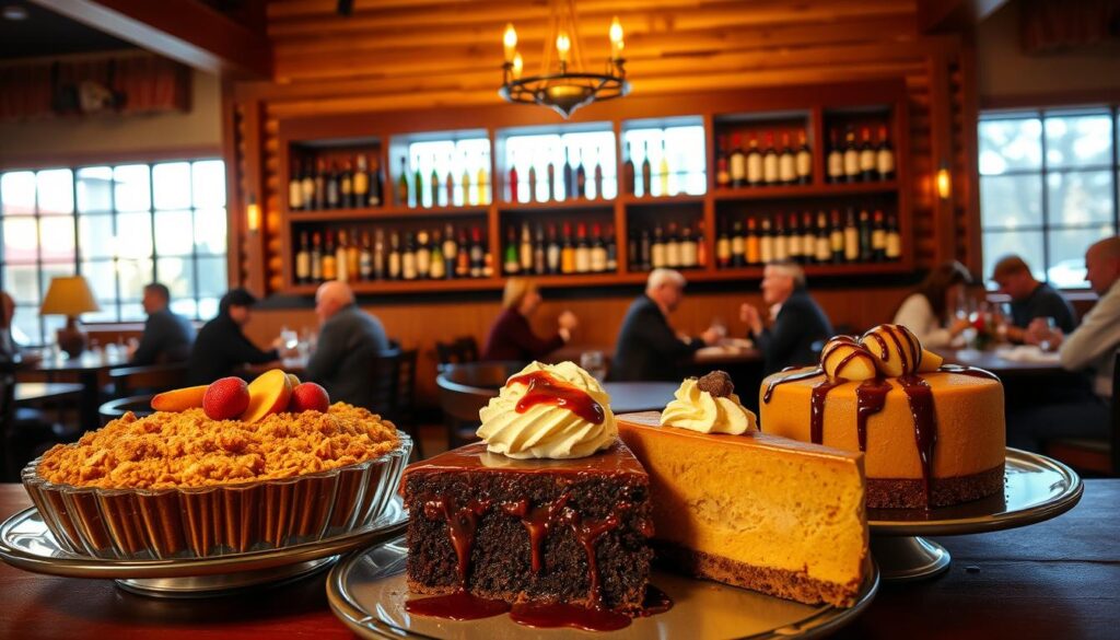 A rustic, wood-paneled interior of an Applebee's restaurant, bathed in warm, golden lighting. In the foreground, an elegant display of seasonal desserts - a decadent apple crumble pie, a rich chocolate lava cake, and a creamy pumpkin cheesecake, each garnished with fresh fruit and drizzled with caramel or chocolate sauce. The middle ground features a backdrop of wooden shelves stocked with an array of specialty cocktails and dessert wines. In the background, the silhouettes of diners enjoying their meals create a cozy, inviting atmosphere. The overall scene evokes a sense of comfort, indulgence, and the spirit of the changing seasons.