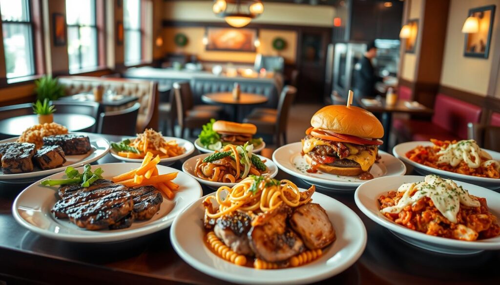 A showcase of Applebee's premium entrées, captured in a warm, inviting setting. In the foreground, an array of expertly plated dishes, each one a delectable masterpiece - tender steaks, juicy burgers, and hearty pasta creations. The middle ground features a well-appointed dining area, with cozy booths and tasteful decor that evokes the restaurant's casual-yet-refined ambiance. In the background, a softly lit, open kitchen bustles with activity, giving a glimpse into the culinary artistry at work. Captured with a wide-angle lens and natural lighting, the scene conveys the premium quality and thoughtful presentation of Applebee's signature main plates.