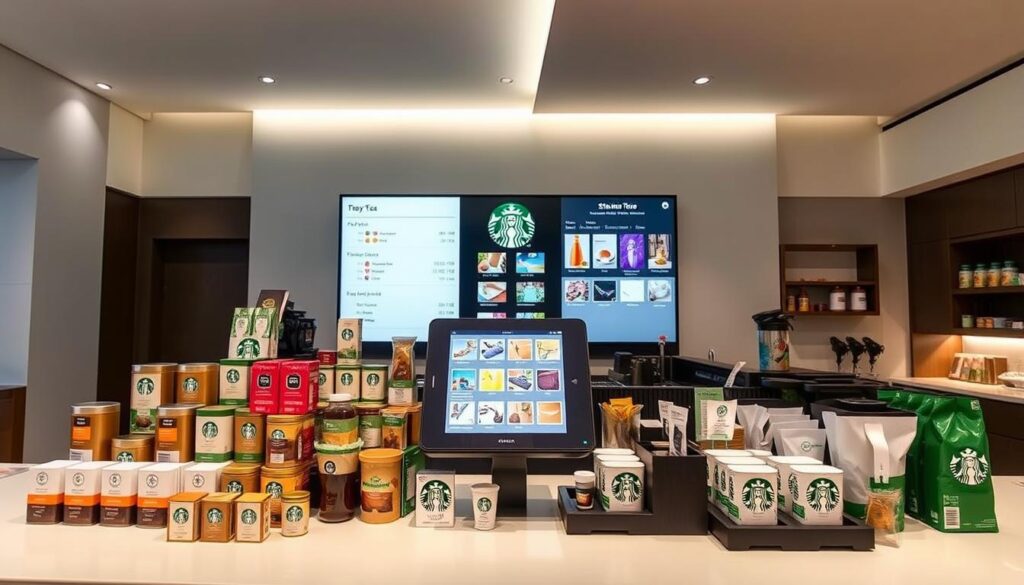 A sleek, modern Starbucks counter displaying an array of tea customization options. In the foreground, an assortment of tea tins, sachets, and accessories arranged neatly. In the middle, a touch screen menu showcases various tea varieties, sweeteners, and mix-in options. The background features a minimalist Starbucks interior with clean lines, neutral tones, and soft, diffused lighting that creates a calming, inviting atmosphere. The overall composition conveys a sense of personalization and attention to detail in the Starbucks tea experience.