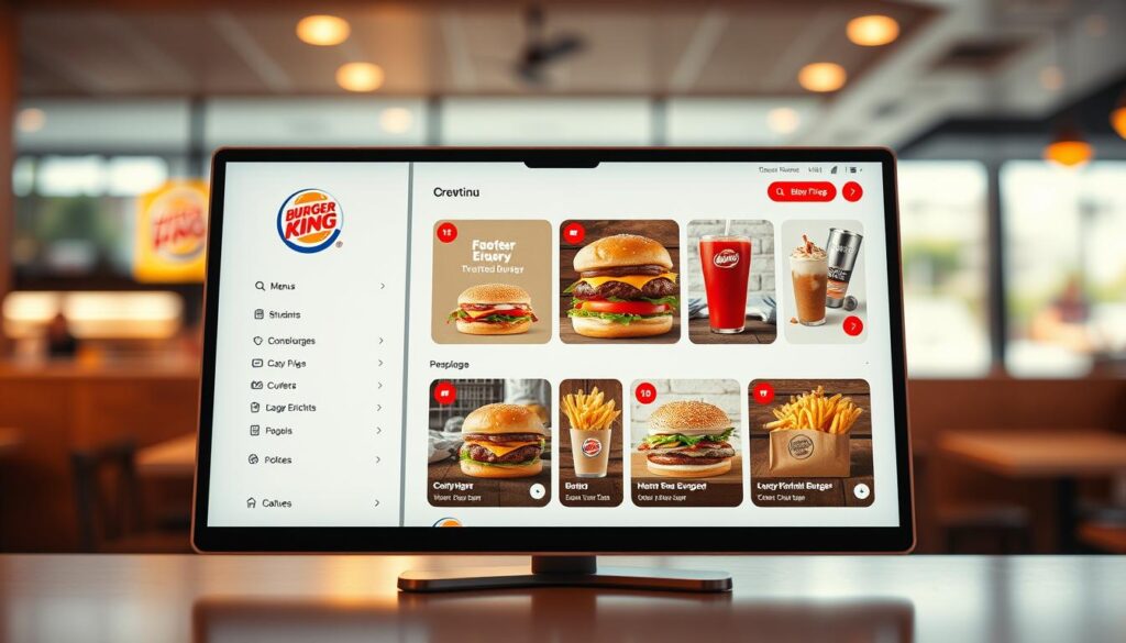 A sleek, modern interface with a clean, minimalist design. The Burger King online menu navigation panel is centrally positioned, with high-quality food imagery showcasing the restaurant's signature burgers, fries, and drinks. The layout is organized and intuitive, with clear category labels and intuitive icons guiding the user through the ordering process. Warm, diffused lighting creates a welcoming ambiance, while a subtle depth of field blurs the background, keeping the focus on the digital menu. The overall aesthetic is polished and inviting, reflecting Burger King's brand identity and encouraging an effortless, enjoyable online ordering experience.