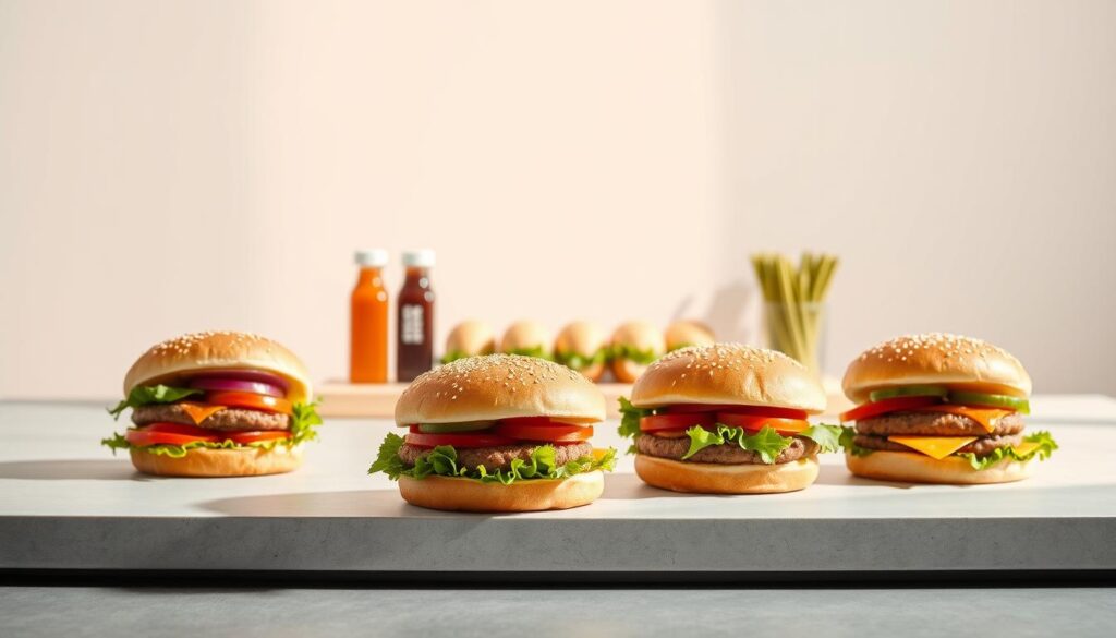 A stylish still life showcasing healthy burger options from McDonald's, set against a sleek, minimalist backdrop. In the foreground, a selection of freshly prepared burgers featuring lean protein, colorful produce, and whole grain buns, artfully arranged on a neutral-toned surface. Soft, natural lighting casts a warm glow, highlighting the vibrant hues and textures of the ingredients. In the middle ground, a neatly organized array of condiments and toppings, allowing for personalized, nutritious burger customization. The background features a clean, uncluttered space, emphasizing the focus on the healthy meal choices. The overall mood is one of sophistication, health-consciousness, and appetizing appeal.
