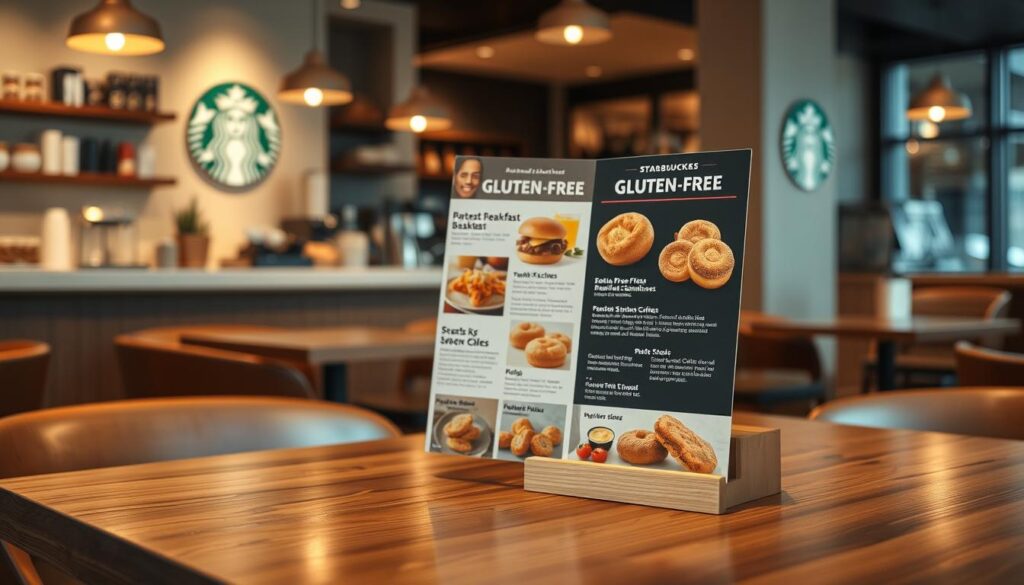 A stylish wooden table with a Starbucks menu display showcasing various gluten-free food options. The menu features tantalizing images and descriptions of items like gluten-free breakfast sandwiches, pastries, and snacks. The table is set against a warm, cozy cafe atmosphere with soft lighting, neutral tones, and subtle coffee shop decor elements. The overall scene conveys a sense of welcoming and inclusive dining experience for those seeking gluten-free choices at Starbucks.