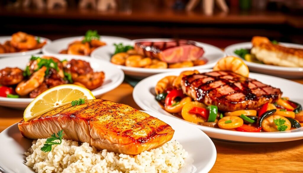 A sumptuous array of Applebee's Seafood Main Course Specialties, captured in a warm, inviting setting. In the foreground, a delectable grilled salmon fillet sizzles atop a bed of fluffy rice, garnished with vibrant lemon wedges and a sprinkle of fresh parsley. In the middle ground, a succulent seared ahi tuna steak is plated alongside a colorful medley of sautéed vegetables, drizzled with a tantalizing teriyaki glaze. The background showcases a harmonious blend of other Applebee's seafood delights, such as tender shrimp scampi and crispy-fried white fish, all presented on crisp, white dinnerware under the warm glow of soft lighting. The overall scene evokes a sense of culinary excellence and mouthwatering anticipation.