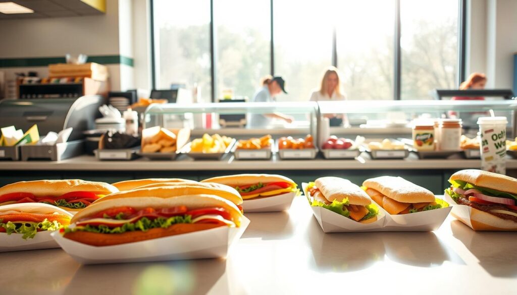 A sunlit deli counter showcases an array of Subway's fresh, affordable lunch options. In the foreground, a selection of 6-inch subs in classic flavors like Italian BMT and Veggie Delite sit neatly arranged, their vibrant colors and textures inviting. Behind them, a glass display highlights tempting sides like potato chips, apples, and yogurt parfaits. The midground features a clean, well-organized prep area, with employees skillfully assembling customized sandwiches. In the back, bright natural light filters through large windows, casting a warm glow over the scene and creating an atmosphere of casual, accessible dining. The overall composition conveys Subway's commitment to providing quick, budget-friendly lunchtime sustenance.
