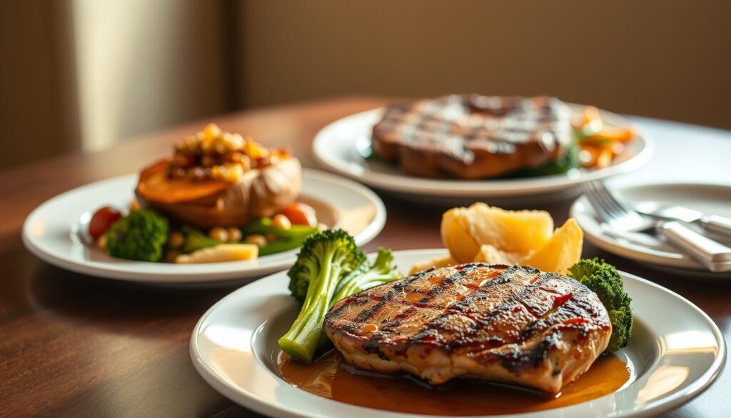 A table set with a selection of Applebee's gluten-free main course dishes. In the foreground, a plate featuring a grilled chicken breast, steamed broccoli, and roasted potatoes, all arranged in an appetizing manner. In the middle ground, a second plate showcases a juicy sirloin steak accompanied by a baked sweet potato and sautéed vegetables. The background features a neutral, softly-lit environment, creating a warm and inviting atmosphere. The lighting is natural, with a slight golden hue, and the camera angle is slightly elevated to provide a clear view of the dishes. The overall presentation conveys the high-quality, flavorful, and gluten-free nature of Applebee's main course options.