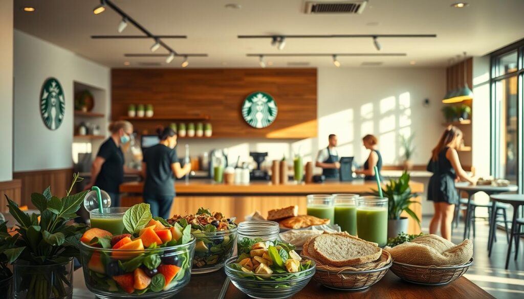 A tranquil scene of a Starbucks cafe, bathed in warm, natural lighting. In the foreground, a display of healthful menu items - fresh salads, fruit parfaits, and whole-grain breakfast sandwiches. The middle ground features a counter with baristas meticulously crafting nutritious beverages, from green smoothies to iced herbal teas. In the background, the cafe's minimalist, eco-friendly decor sets a calming, wellness-focused ambiance. The overall atmosphere exudes a sense of balance and mindfulness, inviting customers to make conscious, health-conscious choices at this Starbucks location.