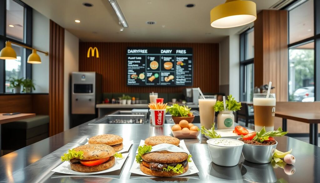 A vibrant and appealing display of dairy-free menu options at a modern McDonald's restaurant. In the foreground, a selection of plant-based patties, dairy-free beverages, and fresh produce such as lettuce, tomatoes, and onions are neatly arranged on a sleek, stainless steel counter. The middle ground features a minimalist, well-lit menu board showcasing the dairy-free offerings in a clean, easy-to-read layout. The background captures the restaurant's modern, eco-friendly design, with natural wood accents, large windows, and a subtle green color scheme. The lighting is soft and diffused, creating a welcoming and appetizing atmosphere. The overall scene conveys a sense of health, quality, and dairy-free accessibility within the iconic McDonald's brand.