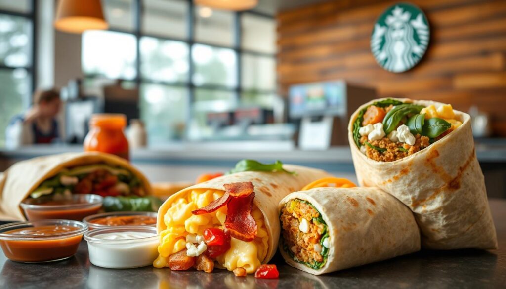A vibrant and appetizing arrangement of classic Starbucks breakfast wraps and burritos. In the foreground, a variety of warm, freshly prepared items - a hearty breakfast burrito stuffed with fluffy scrambled eggs, crispy bacon, and melted cheddar cheese, nestled alongside a flavorful spinach and feta wrap. The middle ground showcases a selection of sauces and condiments, adding a burst of color and complementary flavors. In the background, a clean, modern Starbucks counter setup, with soft natural lighting from large windows, creating a welcoming and inviting atmosphere. The overall scene conveys the delicious and satisfying nature of Starbucks' classic breakfast offerings.