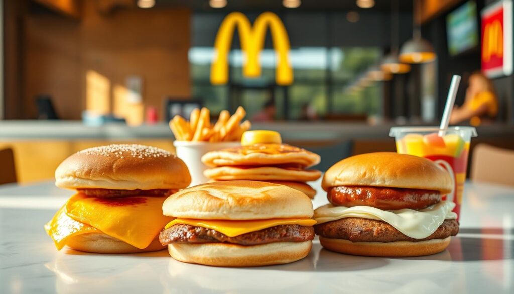A vibrant and appetizing display of McDonald's breakfast menu items, captured in a crisp, high-resolution photograph. The foreground features an array of classic breakfast favorites, including a golden-brown Egg McMuffin, a fluffy stack of Hotcakes, and a savory Sausage McMuffin with Egg, all arranged on a clean, modern tabletop. The middle ground showcases a selection of delectable sides, such as hash browns and a fresh fruit cup, while the background subtly hints at the cozy, inviting atmosphere of a McDonald's restaurant, with hints of the iconic golden arches visible in the distance. The lighting is warm and natural, creating a mouthwatering ambiance that perfectly captures the essence of McDonald's irresistible breakfast deals.