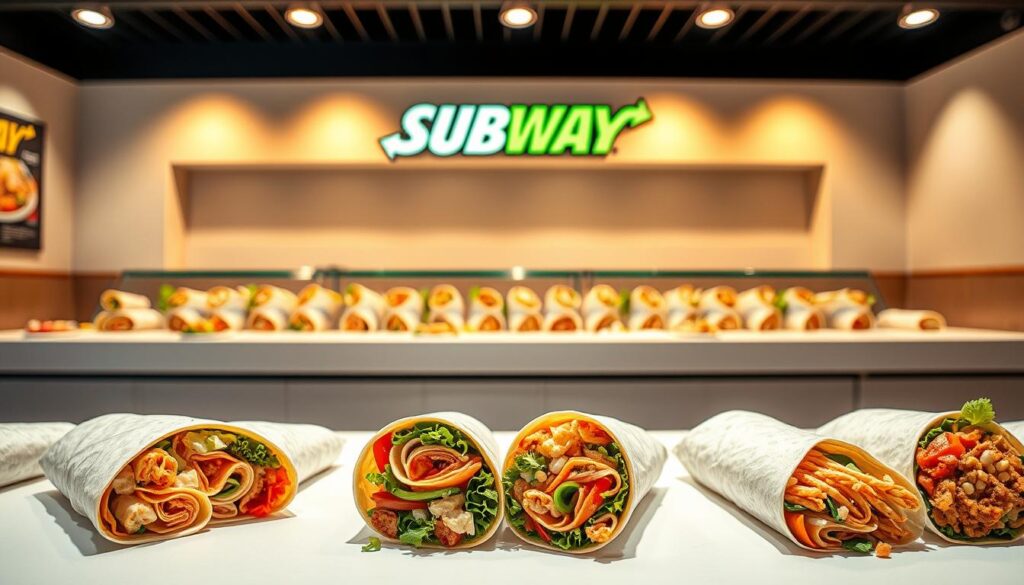 A vibrant and appetizing display of Subway's wrap menu varieties, captured in a sleek and modern diner setting. The foreground showcases an assortment of tempting wrap options, each neatly presented on a crisp white surface, with fresh ingredients and tantalizing textures. The middle ground features a minimalist counter or display case, bathed in warm, directional lighting that accentuates the colors and details of the wraps. In the background, a clean, uncluttered wall sets the stage, complementing the overall sophisticated and inviting atmosphere. The composition emphasizes the variety, freshness, and visual appeal of Subway's wrap menu, enticing the viewer to explore the delicious possibilities.