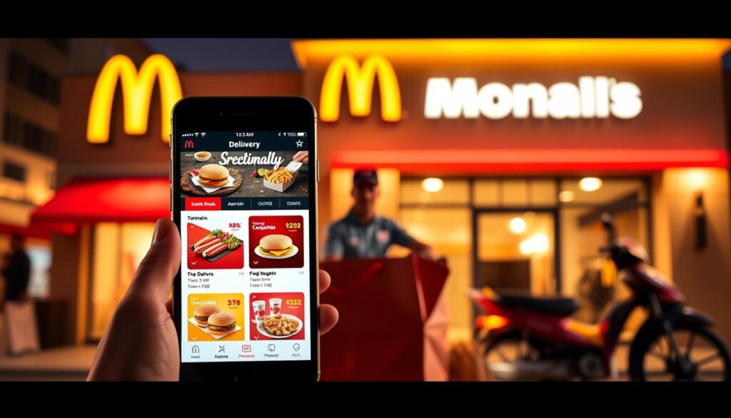 A vibrant and appetizing image of McDonald's McDelivery special promotions. In the foreground, a smartphone display showcases the McDelivery app interface, highlighting tantalizing menu items and discounted combo deals. In the middle ground, a McDonald's delivery bag and driver's uniform suggest the convenience of on-demand service. The background features a stylized McDonald's restaurant exterior, with its iconic golden arches and modern, minimalist design. The lighting is warm and inviting, creating a cozy, enticing atmosphere. The overall composition emphasizes the seamless integration of technology and fast food, delivering a compelling visual representation of McDonald's McDelivery special offers.