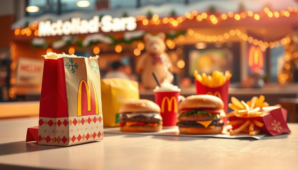 A vibrant and enticing display of McDonald's seasonal value menu offerings, captured under warm, golden lighting. In the foreground, a stack of colorful paper bags featuring the iconic arches and festive holiday-themed graphics, hinting at the delectable treats within. In the middle ground, an arrangement of various menu items such as a festive burger, a steaming cup of hot cocoa, and a side of crisp fries, all arranged artfully on a clean, white surface. The background features a blurred, out-of-focus view of a cozy, winter-themed McDonald's restaurant, complete with twinkling string lights and a welcoming atmosphere. The overall scene evokes a sense of festive indulgence and the inviting allure of McDonald's seasonal value menu.